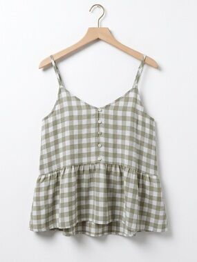 Mine Olive Green and White Sleeveless Gingham Peplum Camisole